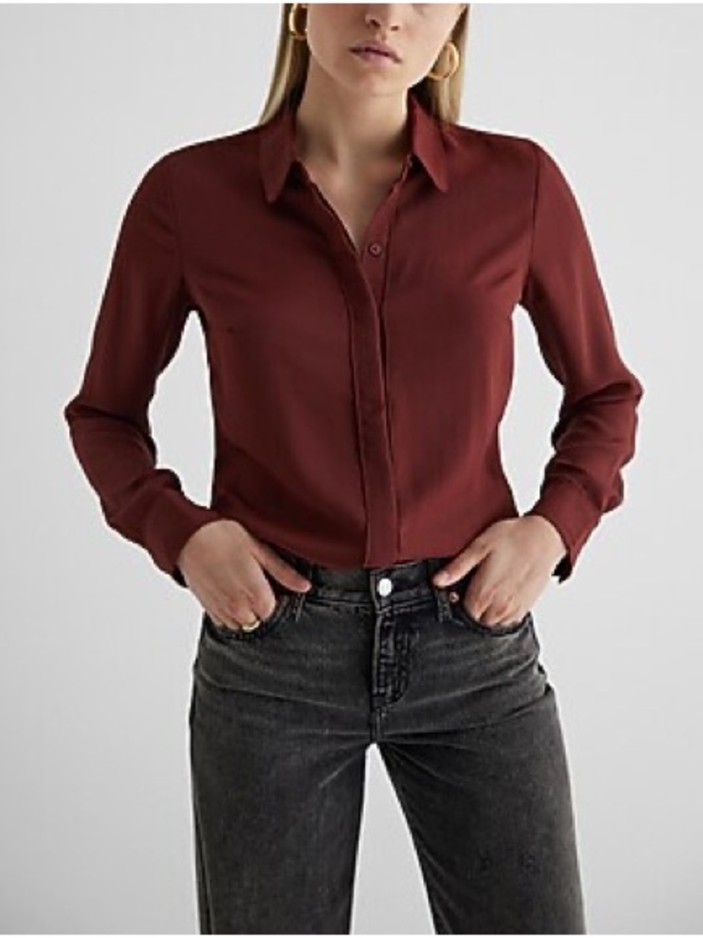 Express Long-Sleeve relaxed Portofino Button-Down Shirt in Deep Red-Brown